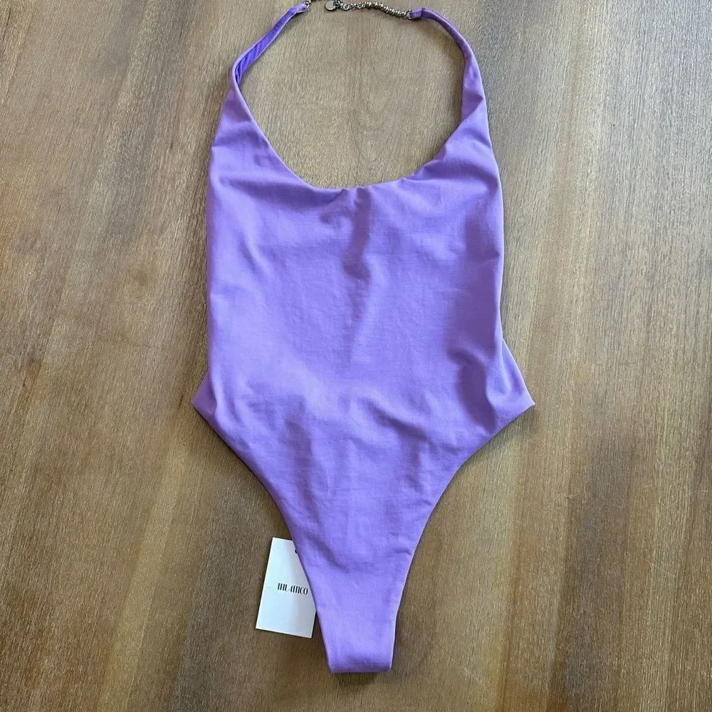 The Attico One Piece Swimsuit Backless Cheeky Bottom Halter Top Lavender XS‎